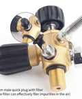Close-up of High Pressure M18x1.5 DIN Valve Adapter With Gauge For PCP, showing 8mm quick plug and filter, 4500 psi, brass material.
