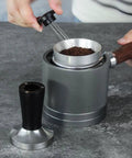 Top Shelf Two In One Espresso Tamper And Coffee Distributor Equipped With 58Mm Stainless Steel Barista Tool for Portafilter in use.