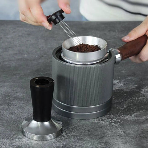 Hella Solid 2 In 1 58Mm Espresso Coffee Tamper And 5 Pin Needle Stirrer Distributor Boss Level Barista Tool in use, stainless steel, portafilter.