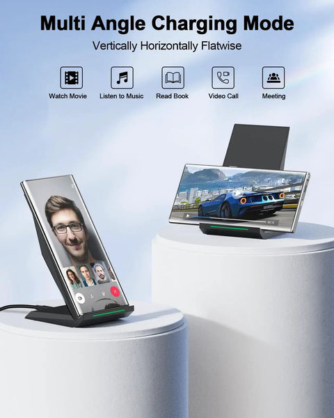 Two Coil Fast Wireless Charger Stand With 20W PD Adapter included for iPhone and Samsung, showcasing portrait and landscape modes.