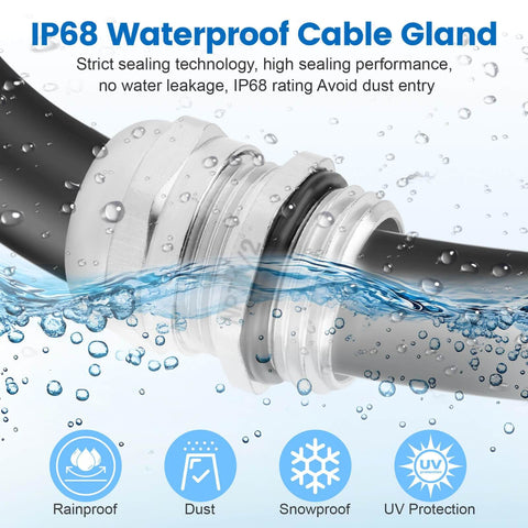 4 Pack Half Inch NPT Nickel-Plated Copper Waterproof Beefed-Up Cable Glands with IP68 Rating showing sealing in water.