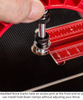 Dead Nuts Straight 36 By 36 Inch Drill Press Table Master System shows embedded fence track for hold-down clamps installation.