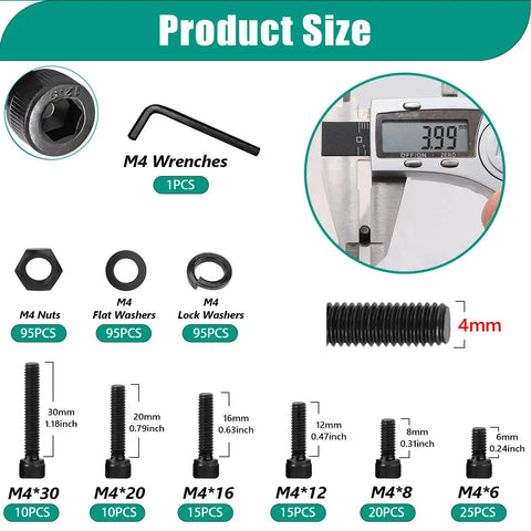 Image showing components of 380 Piece M4 Hex Socket Head Screws Kit With Nuts Washers And Wrench, detailed size and quantity.