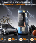 Portable Cordless Tire Inflator With 6000mAh Battery And Digital Pressure Gauge Up To 180 PSI Fast 4x Inflation Auto Shut Off And LED Light For Car Truck Bike Motorcycle Emergency Roadside next to cars and bikes