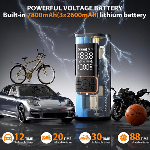 Portable Cordless Tire Inflator With 6000mAh Battery And Digital Pressure Gauge Up To 180 PSI Fast 4x Inflation Auto Shut Off And LED Light For Car Truck Bike Motorcycle Emergency Roadside next to cars and bikes