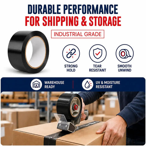 Heavy Duty Black Packing Tape, 2 Inch By 110 Yards, Acrylic Adhesive Box Sealing Roll being used in a warehouse for sealing boxes.