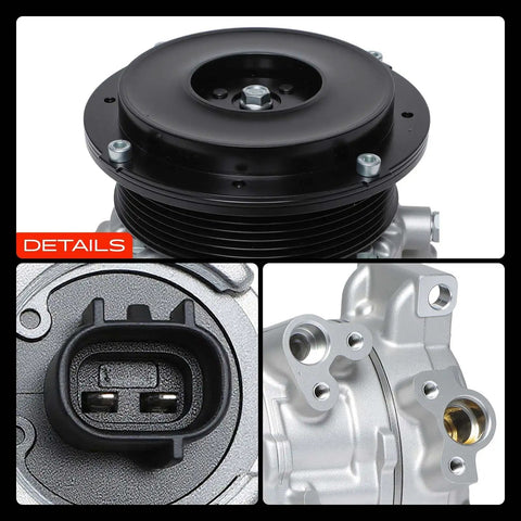 Close-up of Heavy Duty AC Compressor With Clutch For Toyota Camry and Rav4 2007 to 2009, showing pulley and fittings.