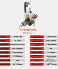 Precision Benchtop Drill And Mill Machine Featuring R8 Spindle Taper And 1.5HP Brushless Motor, showing specs and features.