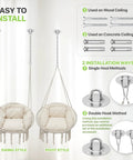 Hanging Hammock Chair With Cozy Full Cushion For Indoor Outdoor Relaxation, White Macrame Swing Chair installation options