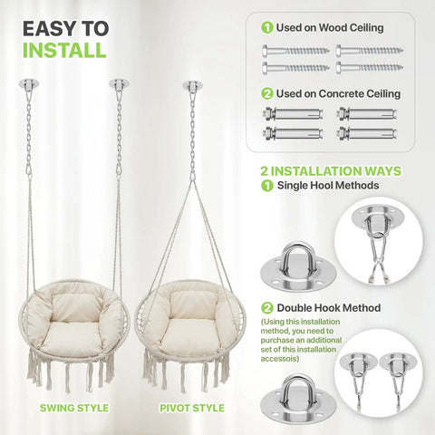 Hanging Hammock Chair With Cozy Full Cushion For Indoor Outdoor Relaxation, White Macrame Swing Chair installation options