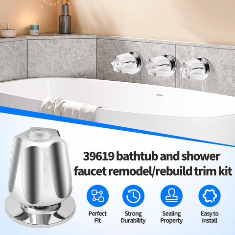 Three Handle Bathtub And Shower Remodel Kit For Verve Faucets in use on modern bathtub with chrome knob handles visible.