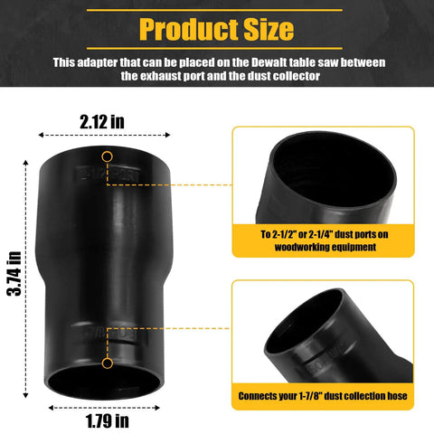 Image of Dust Collection Hose Adapter Two And A Half Inch To One And Seven Eighth Inch Fitting against a size chart, black polymer.