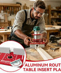 Heavy Duty Aluminum Router Table Insert Plate With Rock Solid Miter Guide Dual Metric Imperial Angle Scales And Rotating Sliding Ruler For Hassle Free Woodworking Setup Red in use with a router.