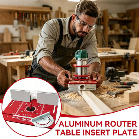 Heavy Duty Aluminum Router Table Insert Plate With Rock Solid Miter Guide Dual Metric Imperial Angle Scales And Rotating Sliding Ruler For Hassle Free Woodworking Setup Red in use with a router.