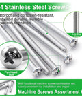102 Piece Stainless Steel Screw Kit For Electrical Mounting DIY Friendly 6-32 And 8-32 Phillips Pan Head Screws Five Eighths To Two Inches For Wall Plates Switches Receptacles Rust Resistant 304 featured in close-up with details on anti-slip gear and pan head design.