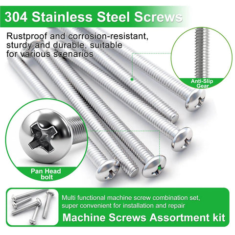 102 Piece Stainless Steel Screw Kit For Electrical Mounting DIY Friendly 6-32 And 8-32 Phillips Pan Head Screws Five Eighths To Two Inches For Wall Plates Switches Receptacles Rust Resistant 304 featured in close-up with details on anti-slip gear and pan head design.