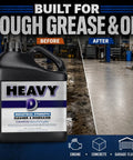 Heavy Lifter Industrial Degreaser Concentrate That Knocks Out Grease And Shop Grime Without Any Sweat in 1 gallon container before and after cleaning.