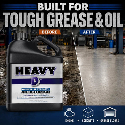 Heavy Lifter Industrial Degreaser Concentrate That Knocks Out Grease And Shop Grime Without Any Sweat in 1 gallon container before and after cleaning.