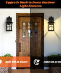 Two Pack Dusk To Dawn Outdoor Wall Lights With Photocell Sensor Waterproof Black Aluminum Sconces by wooden door at day and night.