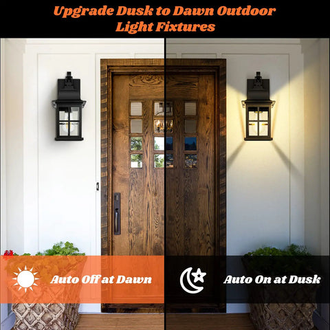 Two Pack Dusk To Dawn Outdoor Wall Lights With Photocell Sensor Waterproof Black Aluminum Sconces by wooden door at day and night.