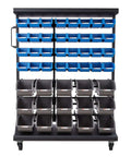 Seven Tier Double Sided Rolling Bin Storage Rack With Ninety Four Plastic Bins On Wheels Dual Sided Parts Organizer