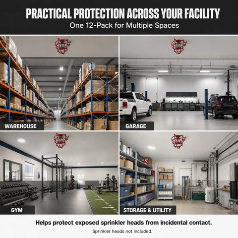Fire Sprinkler Head Guards For Exposed Half Inch Heads Amp Up Your Rig With Durable Steel Guards Showcasing A Slick Red Powder Coat Finish 12 Pack in warehouse and garage settings