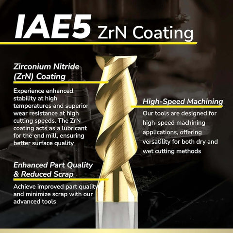 Close-up of SPEED TIGER carbide end mill with ZrN coating, square-nose, 1/4" diameter, 2-flute