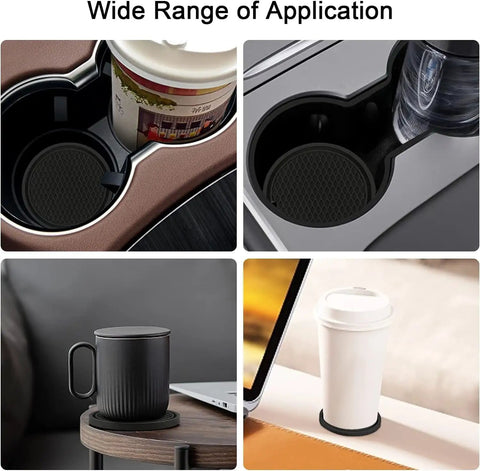 Wide range of application for cup holders with rubber mats in various settings including cars, desks, and home use.