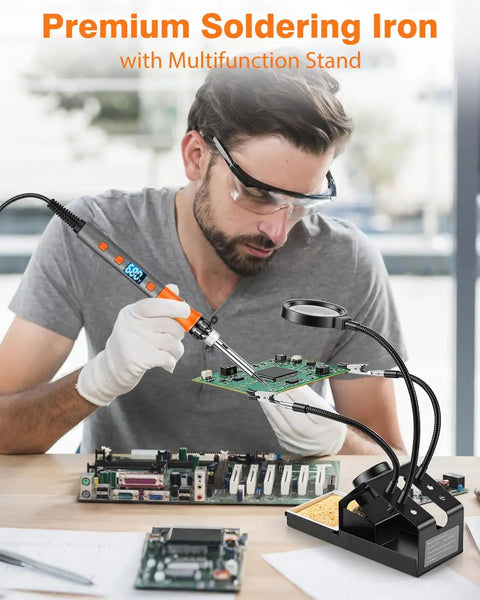 Man using 100W High Power Soldering Iron Kit With LCD Display For Quick Heat Up All In One Soldering Pro Tool With Magnifying Glass helping hands