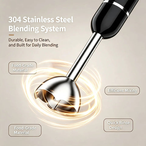 Heavy Duty 800W Immersion Hand Blender Built To Chop And Puree Without Breaking A Sweat Variable Speed And Turbo Boost Delivers Silky Smooth Results Quick Pull Apart Design Rock Solid 304 Stainless Steel Blades United Kingdom Plug Black blending system close-up showcasing 304 stainless steel blades.