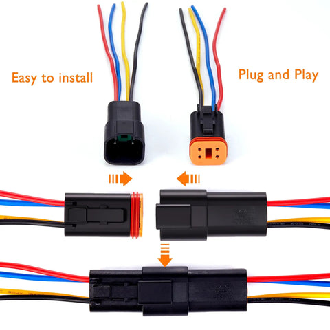 4-Pin DT Waterproof Automotive Electrical Connector Kit 4P Black with 16 AWG Wire, male and female plugs shown connected with color-coded wires.