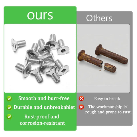 100 Pack M4x8mm 304 Stainless Steel Flat Head Socket Cap Screws With Full Thread Allen Drive Countersunk Bolts And Heavy Duty Corrosion Resistant Finish For Hardcore Diy And Home Repair Projects That Are Hella Built Tough comparison showing durable screws and rusty alternatives.