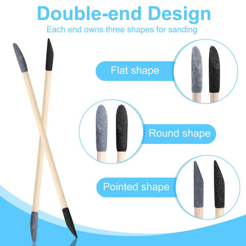 Double End Sanding Sticks Set With 120 And 280 Grits For Small Holes And Fine Detailing On Plastic Models Wood And Metal Pro Grade Handy For Detail Work Size Five Point Four By Zero Point Two Inch Fifty Pack showing flat, round, and pointed shapes