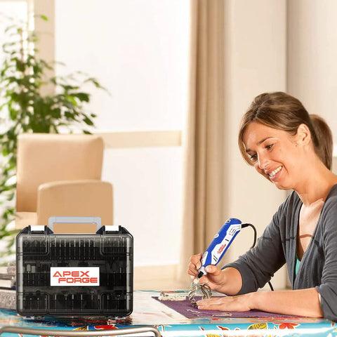 Woman using rotary tool for crafting with 357 Piece Rotary Tool Accessories Kit With One Eighth Inch Shanks Universal Fit nearby