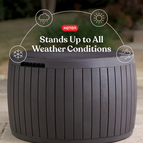Versatile 37 Gallon Outdoor Deck Box That Doubles As An Ottoman Chair Or Side Table Brown Round Resin Storage Bench