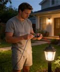 Person using No Tools Needed Wire Connectors For Quick Splices 50 Piece Flame Retardant Electrical Connectors Pack in outdoor lighting setup