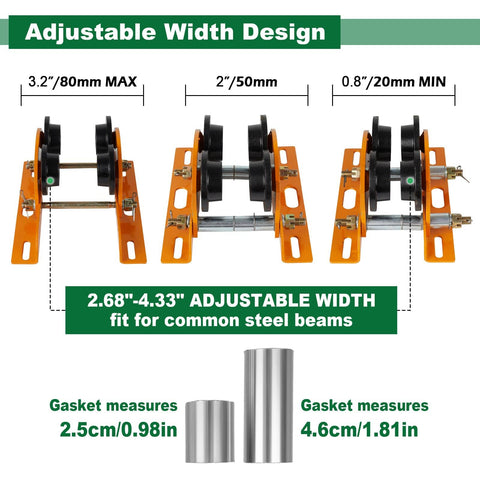Beefy Electric Hoist Trolley for I Beams with Dual Track Rollers, adjustable width design, 1 ton load capacity.