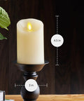 Realistic Moving Flame LED Candle Pillar With Scalloped Edge And Smooth Finish For A Cozy Glow Vanilla Honey Scented Ivory Timer Function Battery Operated 3 Inch By 4.5 Inch on stand.