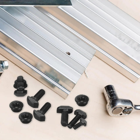 Top Shelf Kickass T Slot Drop In Bolts M6 X 16 Millimeter Hammer Head Screws With Hex Flange Nuts For European 30 Series Aluminum Extrusion Profiles Rig Build Hardware 20 Pack scattered on aluminum profiles.