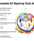 Vacuum Pump And Gauge Set With Brass Manifold, 4.5 CFM, Quick Couplers, 410 Adapter, Can Tap And Valve Core Tool, showcased with colored hoses.