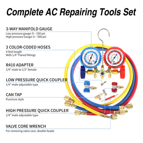Vacuum Pump And Gauge Set With Brass Manifold, 4.5 CFM, Quick Couplers, 410 Adapter, Can Tap And Valve Core Tool, showcased with colored hoses.