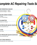 3 Way Brass Manifold Gauge Set for R134A R12 R22 R502 with 4 Foot Color Coded Hoses Quick Couplers Puncturing Can Tap 410 Adapter Valve Core Tool DIY Freon Charging and Recovery Kit, front view