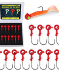 12 Piece Crappie Jig Heads Kit With Hollow Scent Holder For Long Lasting Odor Attracting Fish Dual Side Hooks For Crappie And Bass Includes 1/16, 1/8, 3/16 Ounce Jigs In White Yellow Red displayed with red hooks and orange lure