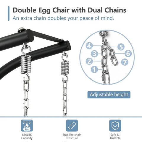 Double chain mechanism on two person double egg swing chair with stand for outdoor and indoor hangout cozy cushions and headrests