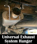 View of a car's exhaust system with Universal Stainless Steel Exhaust Hanger Rods, 7.5 Inch Long, 90 Degree Bend, mounted underneath.