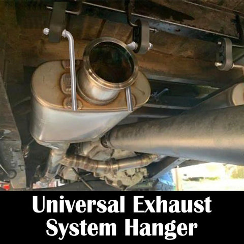 View of a car's exhaust system with Universal Stainless Steel Exhaust Hanger Rods, 7.5 Inch Long, 90 Degree Bend, mounted underneath.