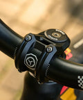 Close-up of black Short Mountain Bike Stem for 31.8mm Handlebars and 1 1/8 Inch Steerer, 35mm Length, 0 Degree Rise, Aluminum Alloy.