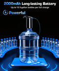 High Output 5 Gallon Jug Water Dispenser With USB C Electric Pump in front of rows of bottles, powerful rechargeable battery highlighted