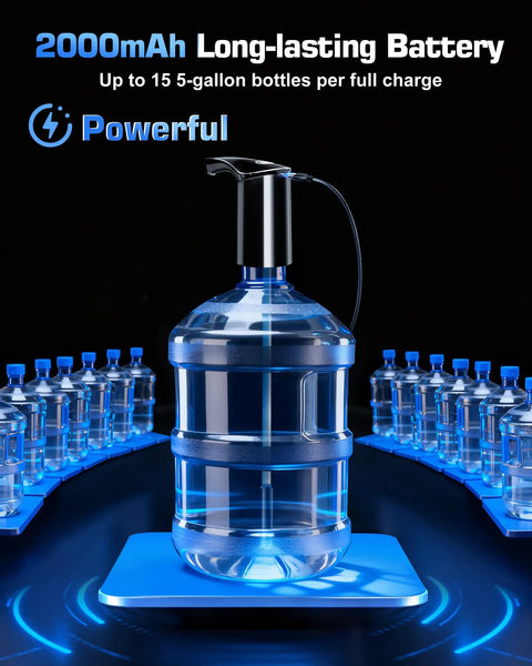 High Output 5 Gallon Jug Water Dispenser With USB C Electric Pump in front of rows of bottles, powerful rechargeable battery highlighted