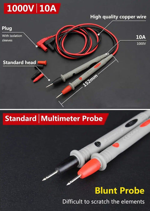Beefy Heavy Duty Multimeter Test Leads With Banana Plugs 1000V 20A 2 Pack showing blunt probe tips and red-black cables